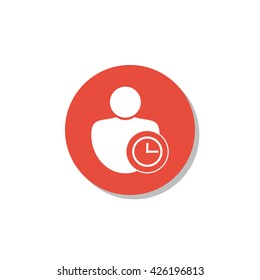 Vector illustration of user time sign icon on red circle background.