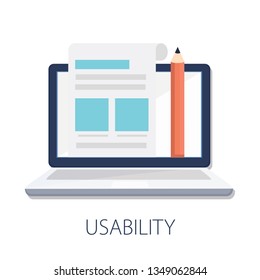 Vector illustration of user usability & interface development " usability " data . application technology - app ux and ui design