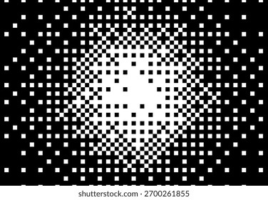 Vector illustration uses a black and white halftone effect with square shapes, creating a dynamic, abstract circle burst. The design is bold and modern, evoking early internet style.