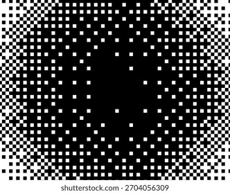 Vector illustration uses a black and white halftone effect with square shapes, creating a dynamic, abstract circle burst. The design is bold and modern, evoking early internet style.