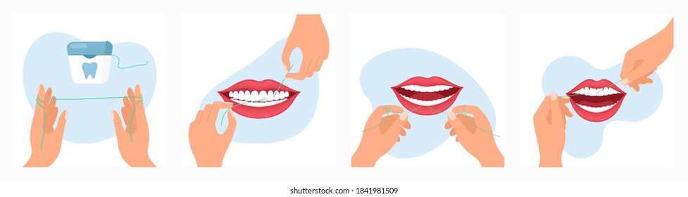 Vector illustration of using dental floss routine. Instruction how to use dental floss step by step, cartoon flat style