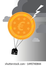A vector illustration using a Euro coin as a hot air balloon carrying a house and drifting into a storm cloud.  A metaphor on Euro area property market.  