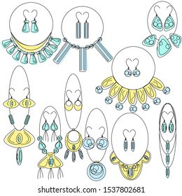 Vector illustration using lines and offset color. Depicted sets of jewelry, which include earrings and necklaces with stones, metal and leather. The style of the items is more Bohemian, some ethnic.