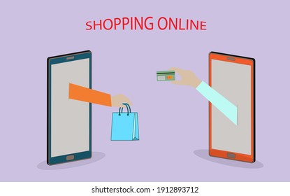 Vector illustration of using a mobile phone to order products and pay for products through the mobile app.