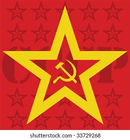 Vector illustration of USSR hammer and sickle inside a star. Pattern is reproduced in the background, with letters CCCP, in different shade of red.