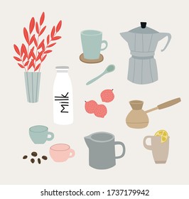 Ilustración vectorial de un utensilios para cafe y algunos productos.