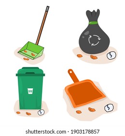 Ilustración vectorial de los utensilios para limpiar la basura y el polvo en la casa o el patio