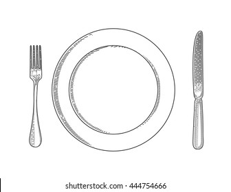 Vector illustration of utensils. Cutlery painted in the technique of engraving. Fork, knife and a plate. Tableware.