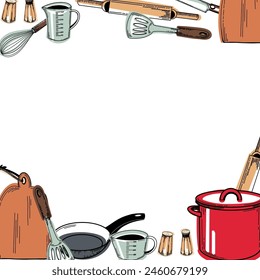 Vector illustration with utensils red saucepan, frying pan, polka dot apron, whisk, knife, salt shaker, pepper mill, measuring cups, cooking spatula, whisk. For kitchen, stove, design.