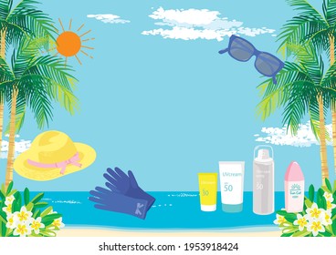 Vector illustration of  UV protection set with Sandy beach background