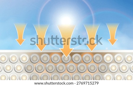 Vector Illustration of UV rays penetrating skin layers and causing early cell damage. Concept of sun exposure leading to skin damage without proper protection