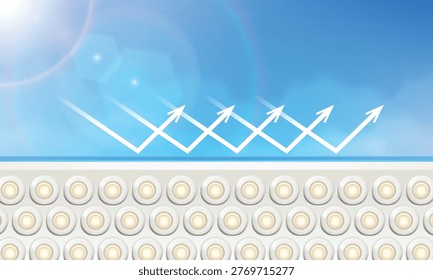 Vector Illustration of UV rays reflecting off a protective barrier on skin surface. Concept of sunscreen protection blocking sunlight and preventing skin damage.