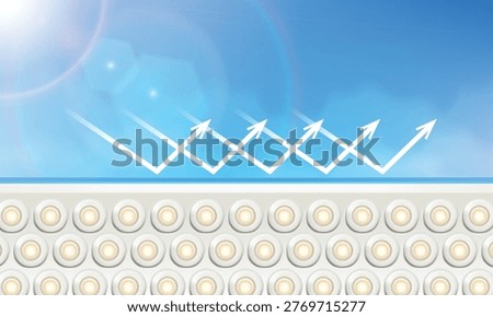 Vector Illustration of UV rays reflecting off a protective barrier on skin surface. Concept of sunscreen protection blocking sunlight and preventing skin damage.