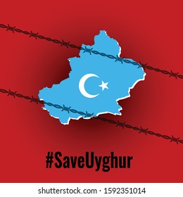 Vector illustration of uyghur map and barb wire. Red background