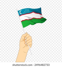 Vector illustration of Uzbekistan flag in hand on transparent background