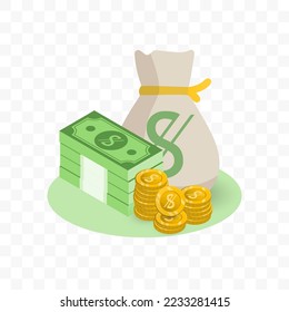 Vector illustration of Uzbekistani sum currency. Random pattern of banknotes and coins in green and gold colors on transparent background (PNG). 