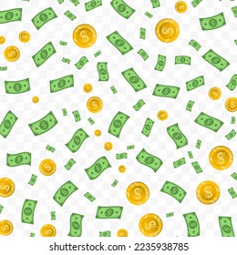 Vector illustration of Uzbekistani sum money. Random pattern of banknotes and coins in green and gold colors on transparent background (PNG). 