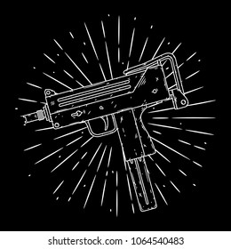 Vector illustration with Uzi and divergent rays. Used for poster, banner, web, t-shirt print, bag print, badges, flyer, logo design and more. 