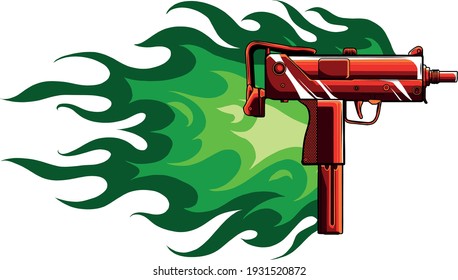 Vector illustration of a uzi gun with flames
