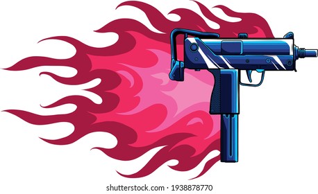 Ilustración vectorial de una pistola uzi con llamas