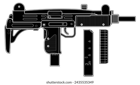 Vektor-Illustration der UZI Israel Maschinenpistole mit gefaltetem Material und Ausrüstung wie ein Magazin und Patronen auf dem weißen Hintergrund. Schwarz. Rechte Seite.