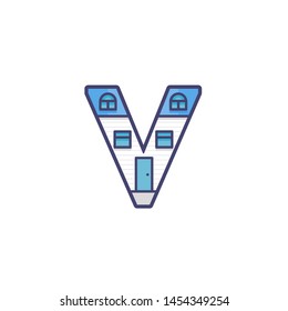 Vector Illustration of V House Letter. V Letter Design Home Facade.