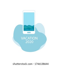 Ilustración del vector: Vacaciones 2020 durante cuarentena, mar a través de la pantalla del smartphone. Quedarse en casa.
