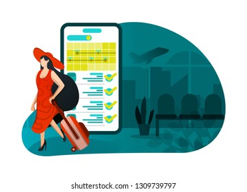 vector illustration of vacation 4.0, ticket booking application. hat girl leaving for week. smartphone app with recommendation, detail and price , cheap and expensive holiday. flat cartoon character