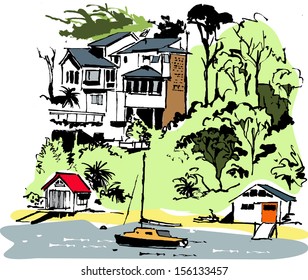 Vector illustration of vacation homes in bush with yacht moored in bay.