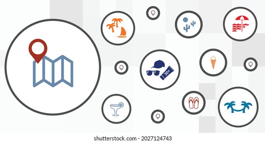 vector illustration of vacation and leisure time planning with map and time to rest symbols