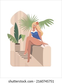 Vector illustration, vacation mood, a girl in round glasses with long blond hair on vacation, in a swimsuit under a palm tree, ancient abstract architecture.