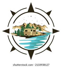 Vector illustration of vacation in mountains and beach