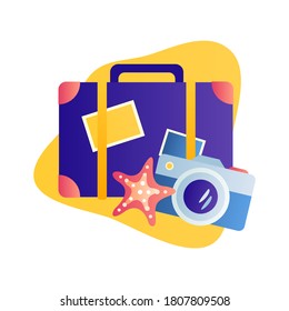 Ilustración vectorial de las vacaciones con maleta, cámara y pez estrella aislados en fondo blanco