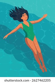 Vector illustration vacation and summer. Woman in green swimsuit calmly floats on her back in transparent turquoise water of sea or pool. Summer mood. For projects in tourism and travel