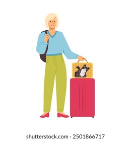 A vector illustration of a vacation trip with pets, which shows a girl holding a carrier with a cat inside and a suitcase. Ideal for safe and convenient travel