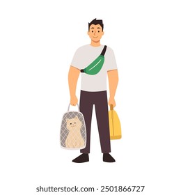 A vector illustration of a vacation trip with pets, which shows a man holding a carrier with a cat inside and travel bags. Ideal for safe and convenient travel