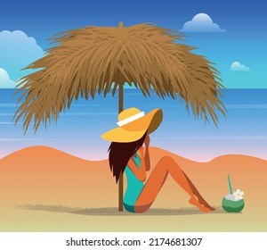 Vector illustration vacation in the tropics on the island a girl in a blue swimsuit and a hat hidden face sits on the beach under an umbrella made of palm leaves drinks cocoa swims and sunbathes
