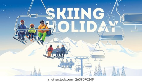Vector illustration of vacationers at a ski resort: people riding a ski lift against the backdrop of massive snow-capped mountain peaks