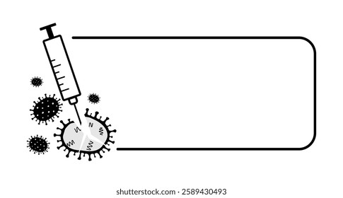 Vector illustration vaccinated concept with Influenza, flu, grippe viruses, coronavirus and syringe in frame, copy space on white background. Stop epidemic, pandemic. Flu vaccination, covid vaccine.  