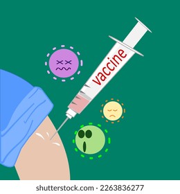 Ilustración vectorial de una actividad de vacunación acompañada de un emoticono de virus a su alrededor