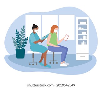 Vector Illustration Of Vaccination, In The Office A Woman Doctor Vaccinates A Woman