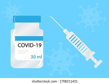 Vector illustration of a vaccine against coronavirus and syringe, vaccination campaign and treatment. All elements are isolated.