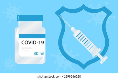 Vector illustration of a vaccine against coronavirus and syringe, vaccination campaign and treatment. All elements are isolated.
