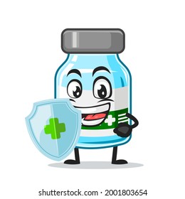 vector illustration of vaccine character or mascot holding shield for protection