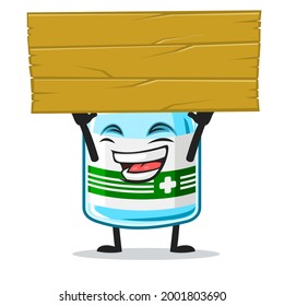 vector illustration of vaccine character or mascot holding blank wooden