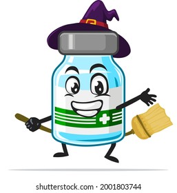 vector illustration of vaccine character or mascot wearing witch costume and ride flying broom