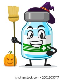 vector illustration of vaccine character or mascot wearing witch costume and holding broom