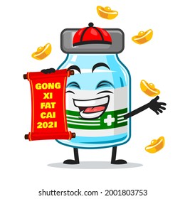 vector illustration of vaccine character or mascot holding red scroll and says happy chinese new year 2021