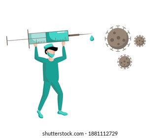 Vector illustration. Vaccine, COVID-19 design. A medical worker holding an injection syringe. Modern style. Color illustration on white background.