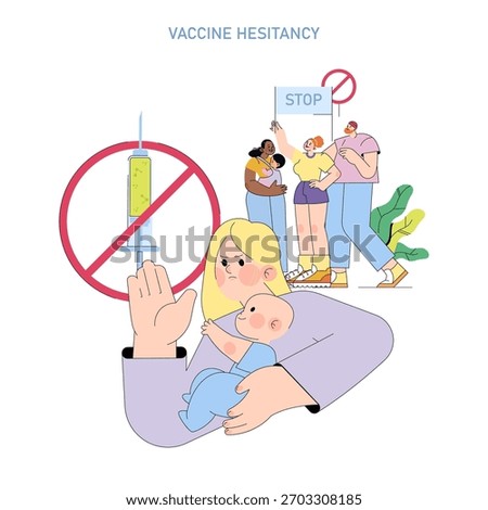 Vector illustration of vaccine hesitancy showing a worried mother holding a baby, with a protest against vaccination featuring a stop sign and crossed-out syringe.